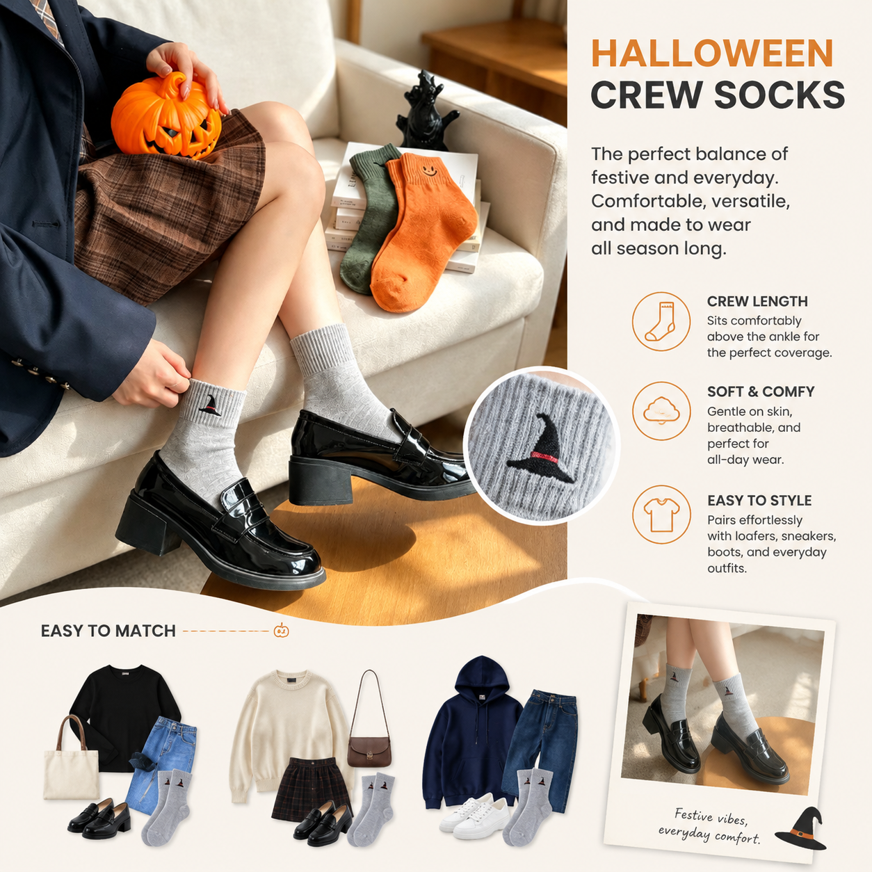 Spooky & Cute Halloween Socks for Women – 5-Pair Cozy Crew Sock Set