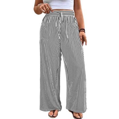Women’s Plus Size High-Waisted Stretchy Striped Wide-Leg Casual Pants
