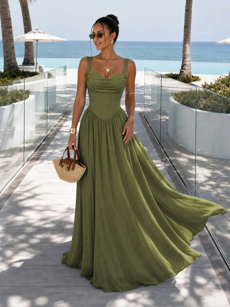 French Corset Pleated Maxi Dress - Strapless Flowy Vacation & Evening Dress