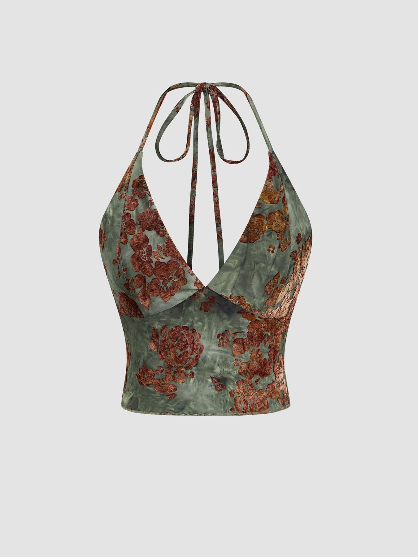 Women's Floral Deep V Neck Crop Top & Fish Tail Skirt Set, All-Over Print Design
