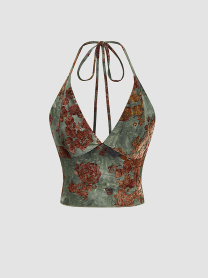 Women's Floral Deep V Neck Crop Top & Fish Tail Skirt Set, All-Over Print Design