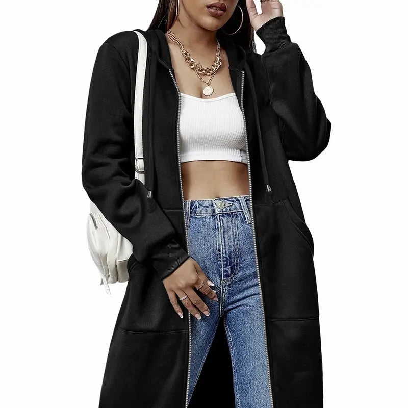Women's Mid-Length Hooded Cardigan – Casual Open-Front Coat