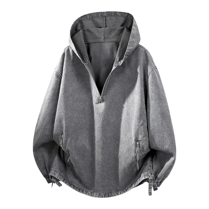 100% Cotton Washed Hooded Sweatshirt - Retro Half-Zip V-Neck Design