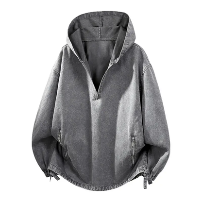100% Cotton Washed Hooded Sweatshirt - Retro Half-Zip V-Neck Design