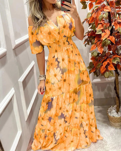 Floral Printing Elastic Waist-Length Sleeve Dress