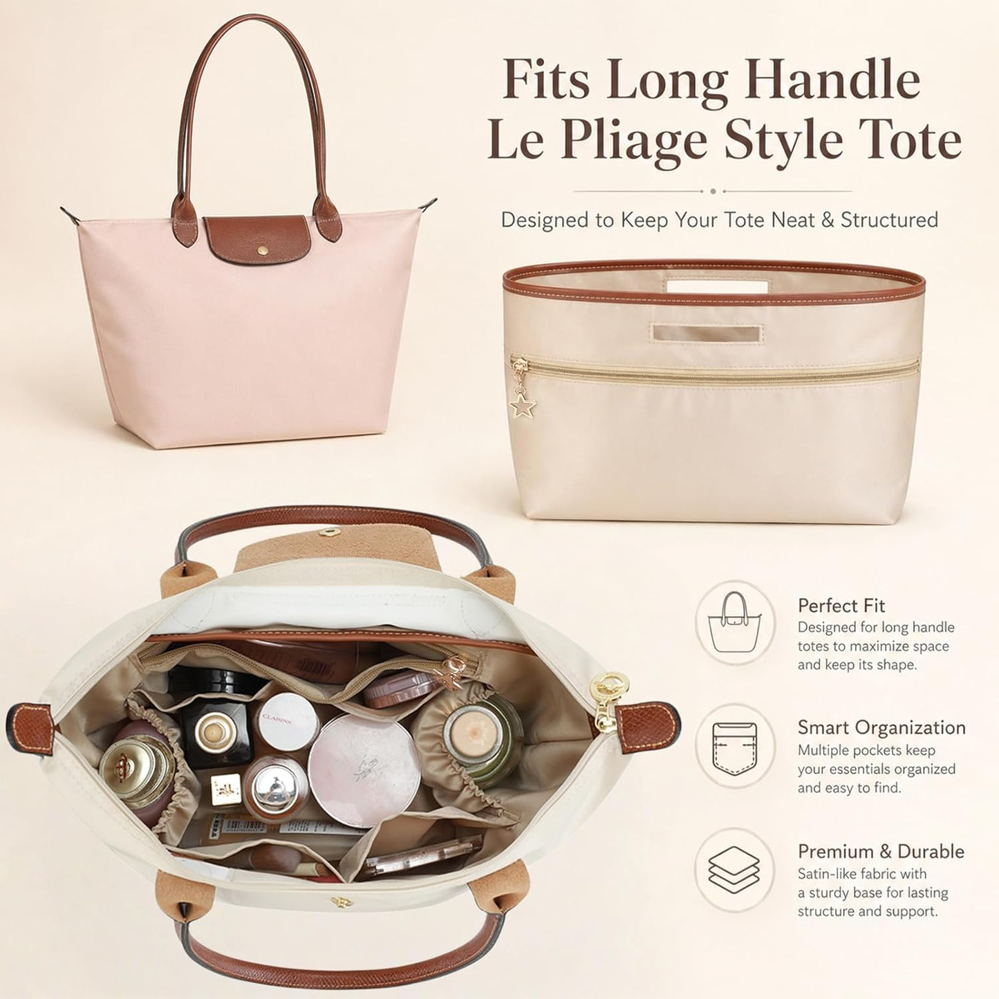 Lightweight waterproof tote bag insert with zippered pocket and cup holder