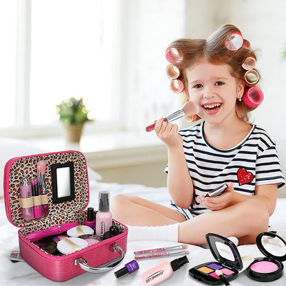 100% Mess-Free Pretend Makeup Set for Toddlers - 21 Pcs Realistic Play Vanity Kit with Soft Brushes & PU Leather Case