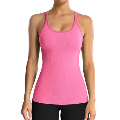 Ribbed Workout Tank Tops for Women with Built in Bra Tight Racerback Scoop Neck Athletic Top