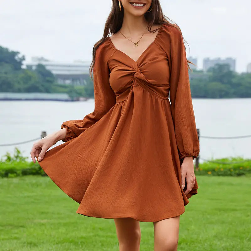 Sweetheart Twist-Front Long Sleeve Mini Dress