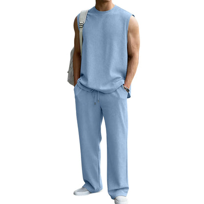Mens 2 Piece Rib Knit Sweatsuit Tank Top Baggy Wide Leg Pants Set Vacation Beach Outfit for Men