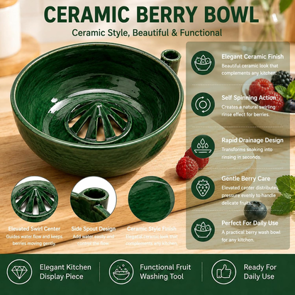 Rotating vegetable and fruit rinsing bowl with a central conical hole