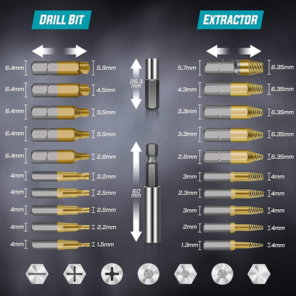 22Pcs Titanium Damaged Screw Extractor Set