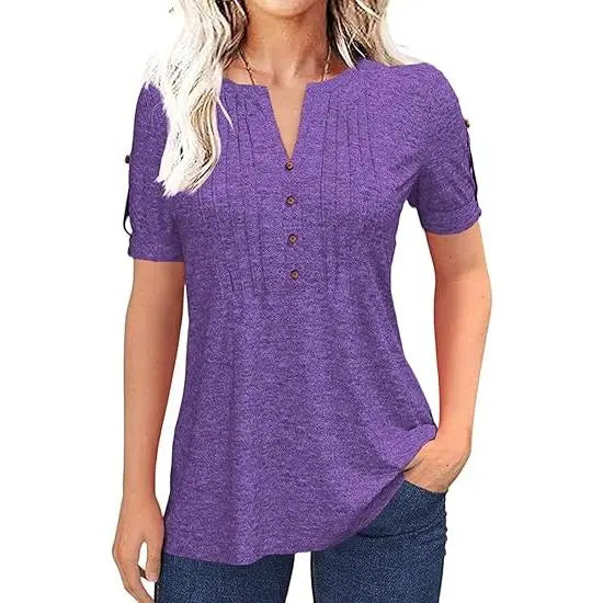 Imily Bela Women's V-Neck Button Lantern Sleeve T-Shirt