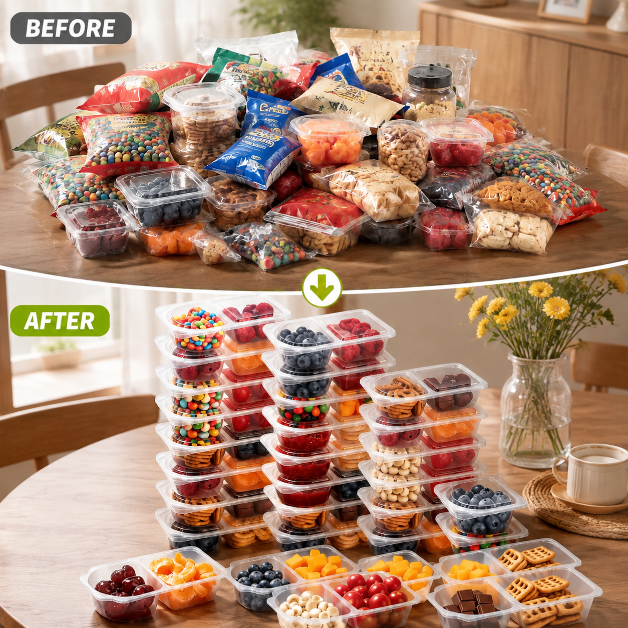 2-Compartment Reusable Snack Containers with Lids – Stackable Meal Prep Set