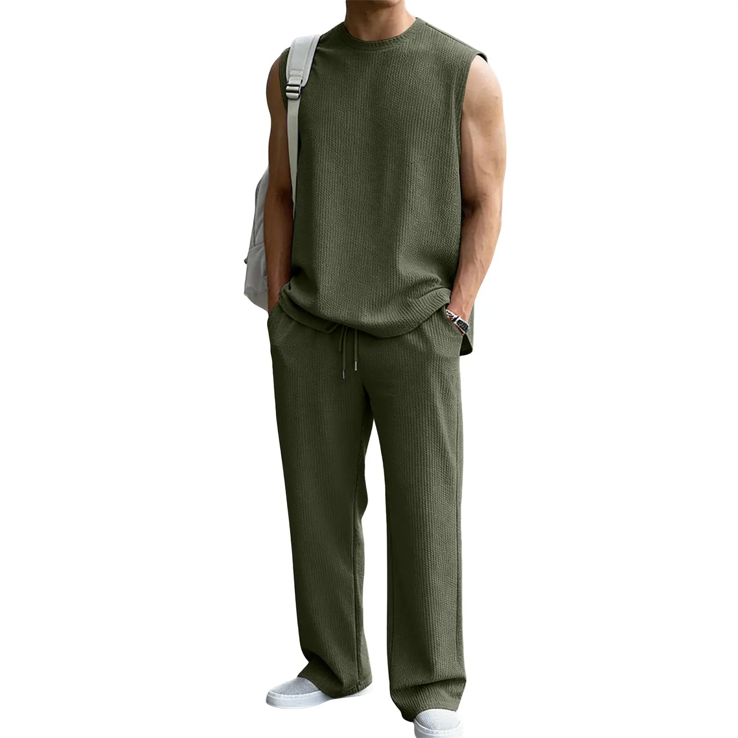 Mens 2 Piece Rib Knit Sweatsuit Tank Top Baggy Wide Leg Pants Set Vacation Beach Outfit for Men