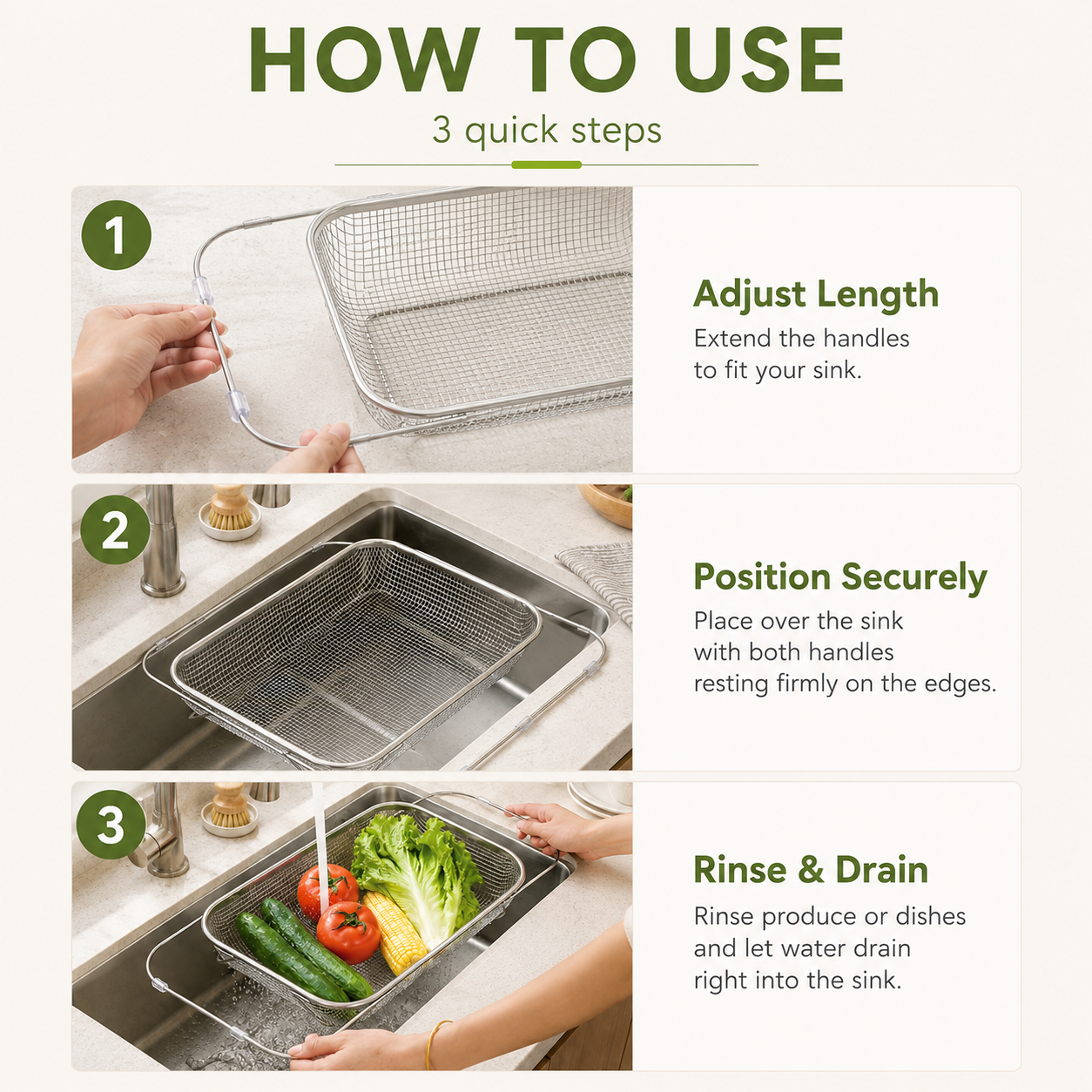 Expandable Stainless Steel Over-the-Sink Colander