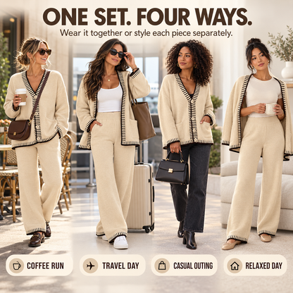 Women's Cozy Knit Cardigan & Wide-Leg Pants Set