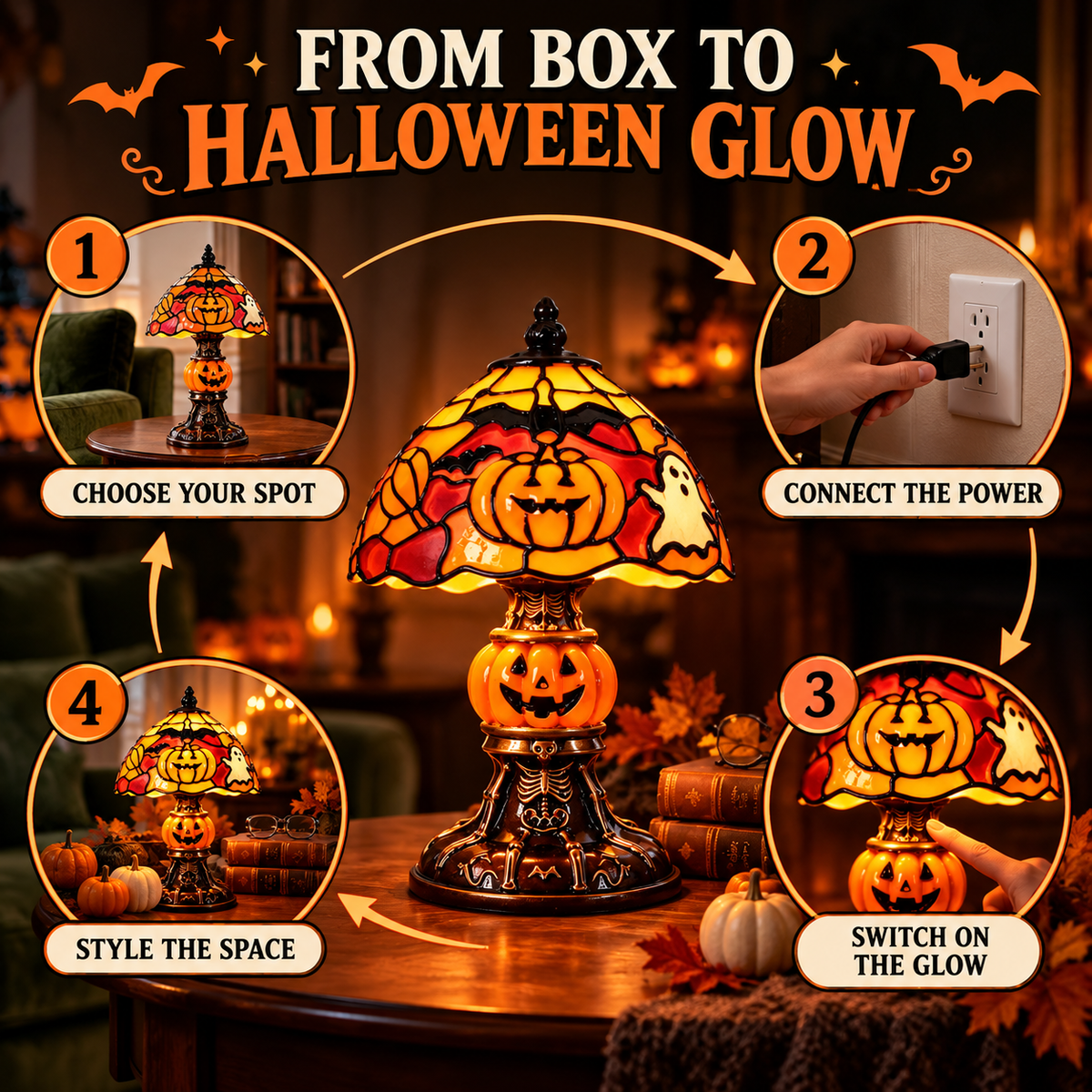 🎃Retro Pumpkin Bat Pattern Single Desk Lamp — Vintage Glow Night Light🎃