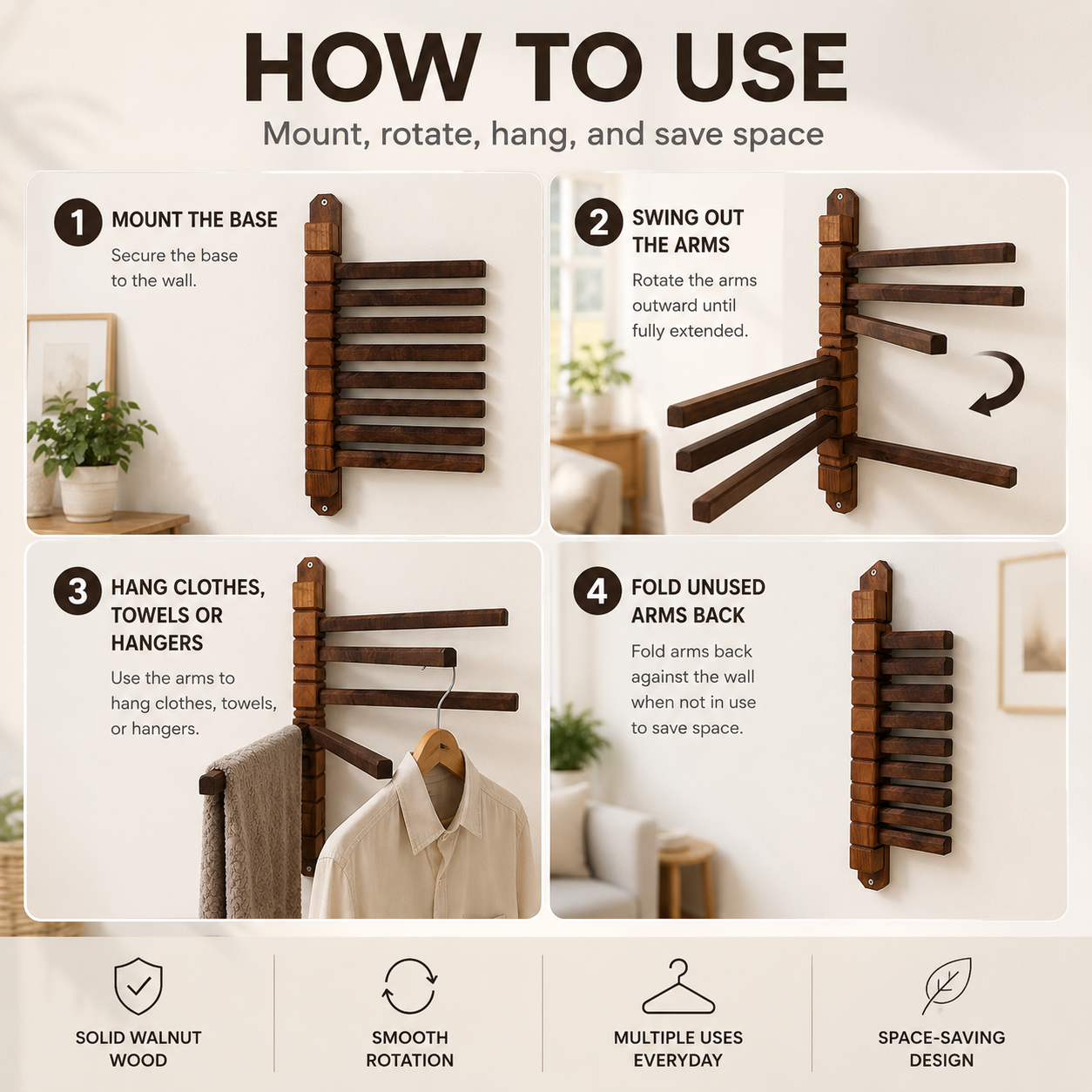 Premium Walnut Rotating Wall Rack for Clothes & Towels