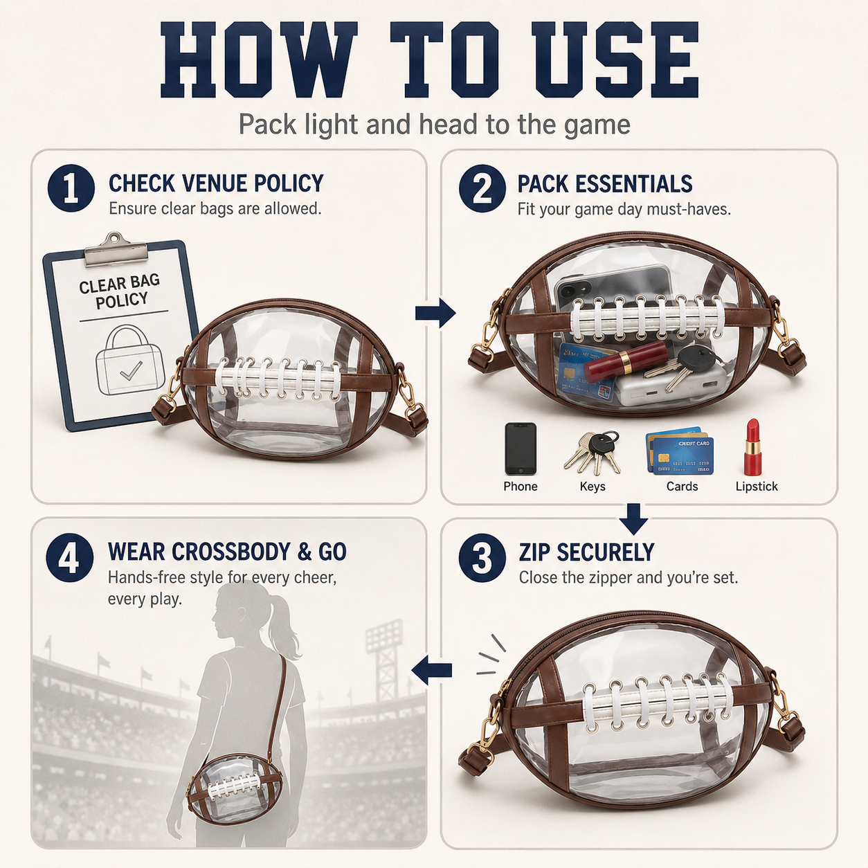 Football-Shaped Clear Crossbody Bag