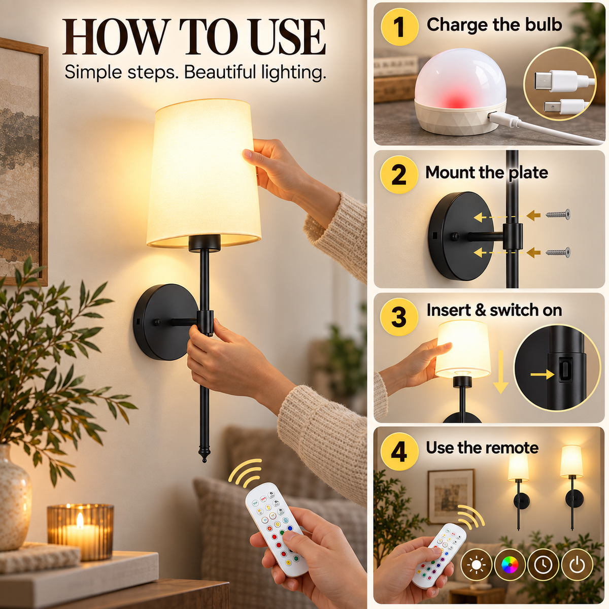 Battery Operated Wall Sconce Set – Rechargeable RGB Remote Lighting