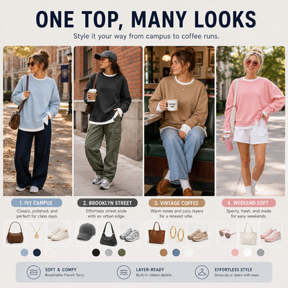 Effortless Casual Style: Women's Relaxed Layered Crewneck Sweatshirt Everyday Top