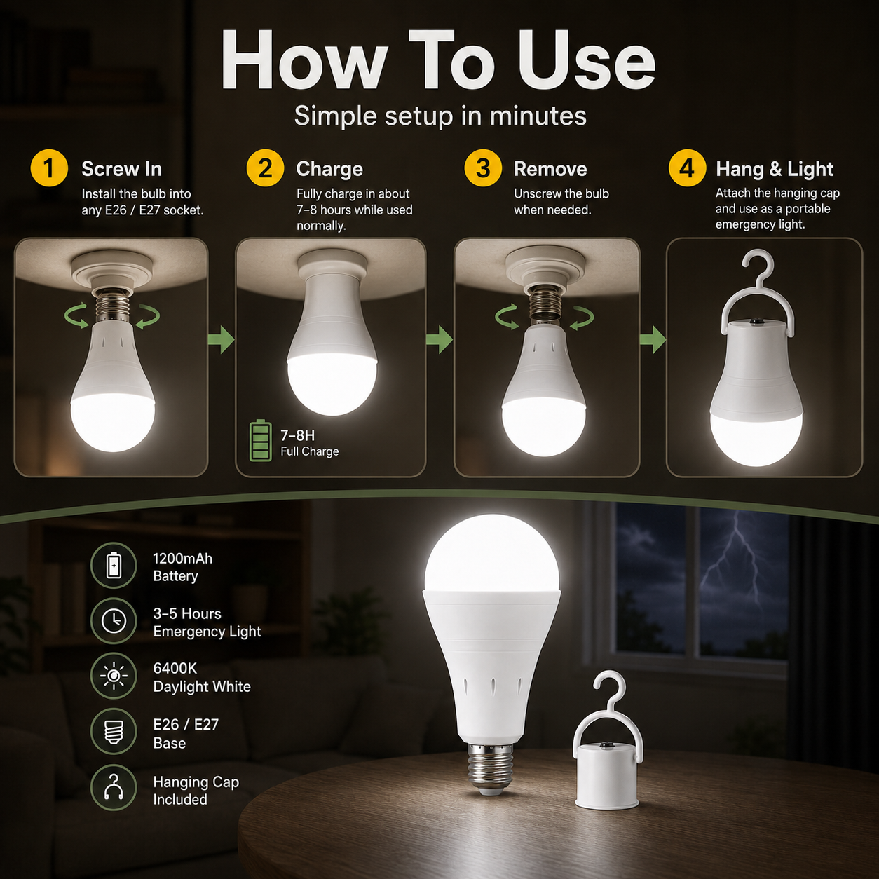 6400K Rechargeable Emergency LED Bulb