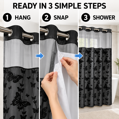 Hookless Double-Layer Shower Curtain with Snap-in Fabric Liner