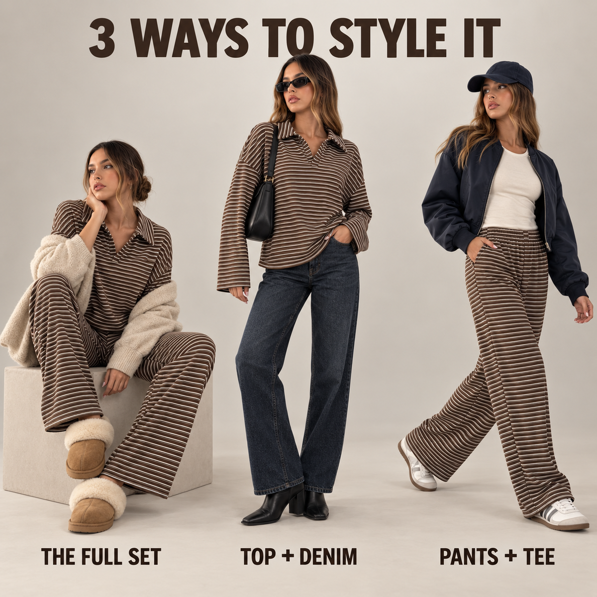 Casual Striped Long Sleeve Wide Leg Pants Lounge Set