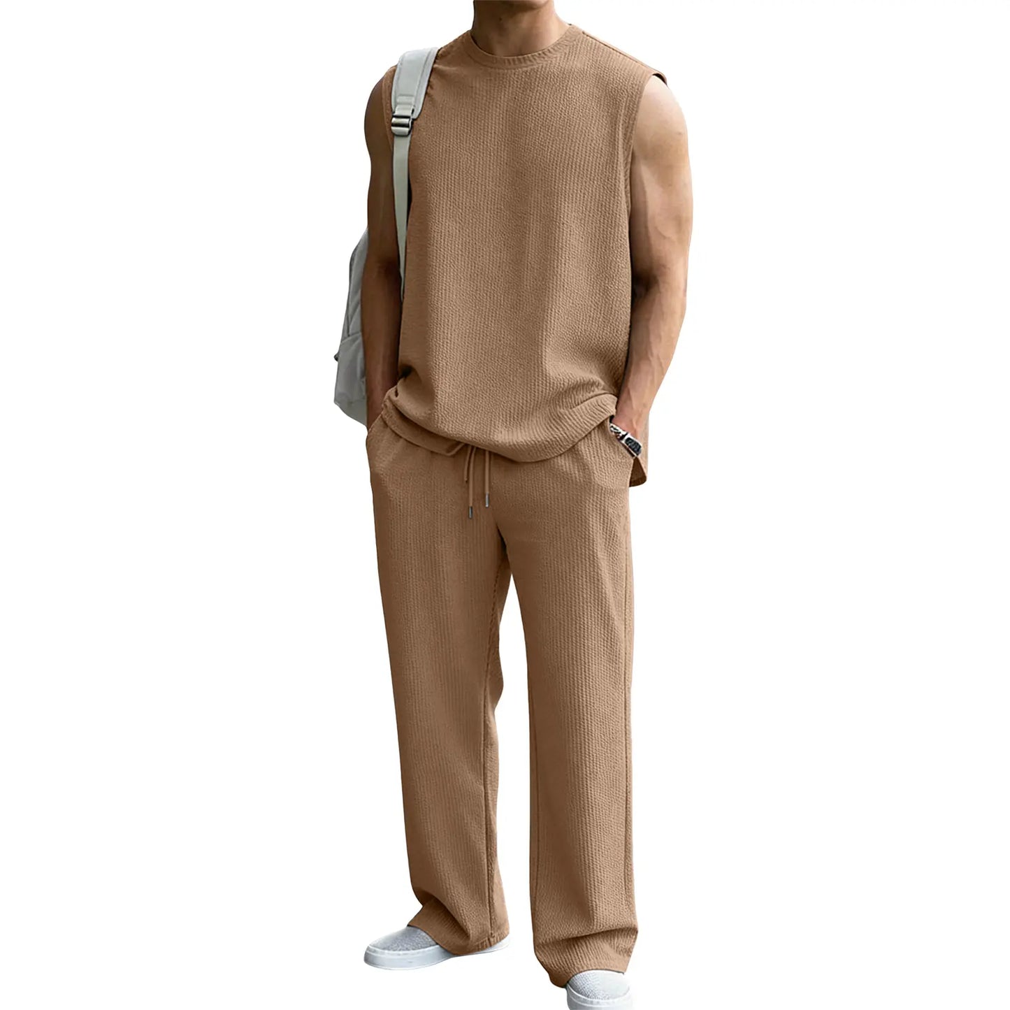 Mens 2 Piece Rib Knit Sweatsuit Tank Top Baggy Wide Leg Pants Set Vacation Beach Outfit for Men