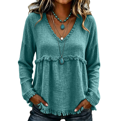 Bohemian Charm Fringe V-Neck Pullover — Effortless Elegance