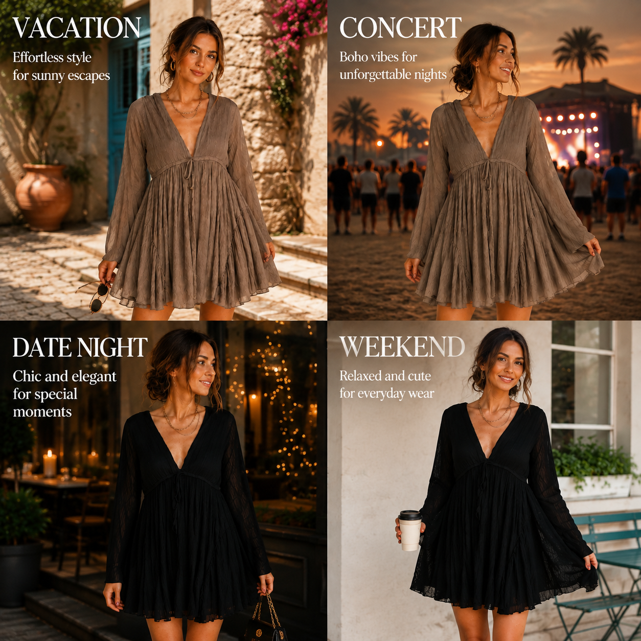Women's V Neck Mini Dress with Shorts Lining, Elegant Loose Fit