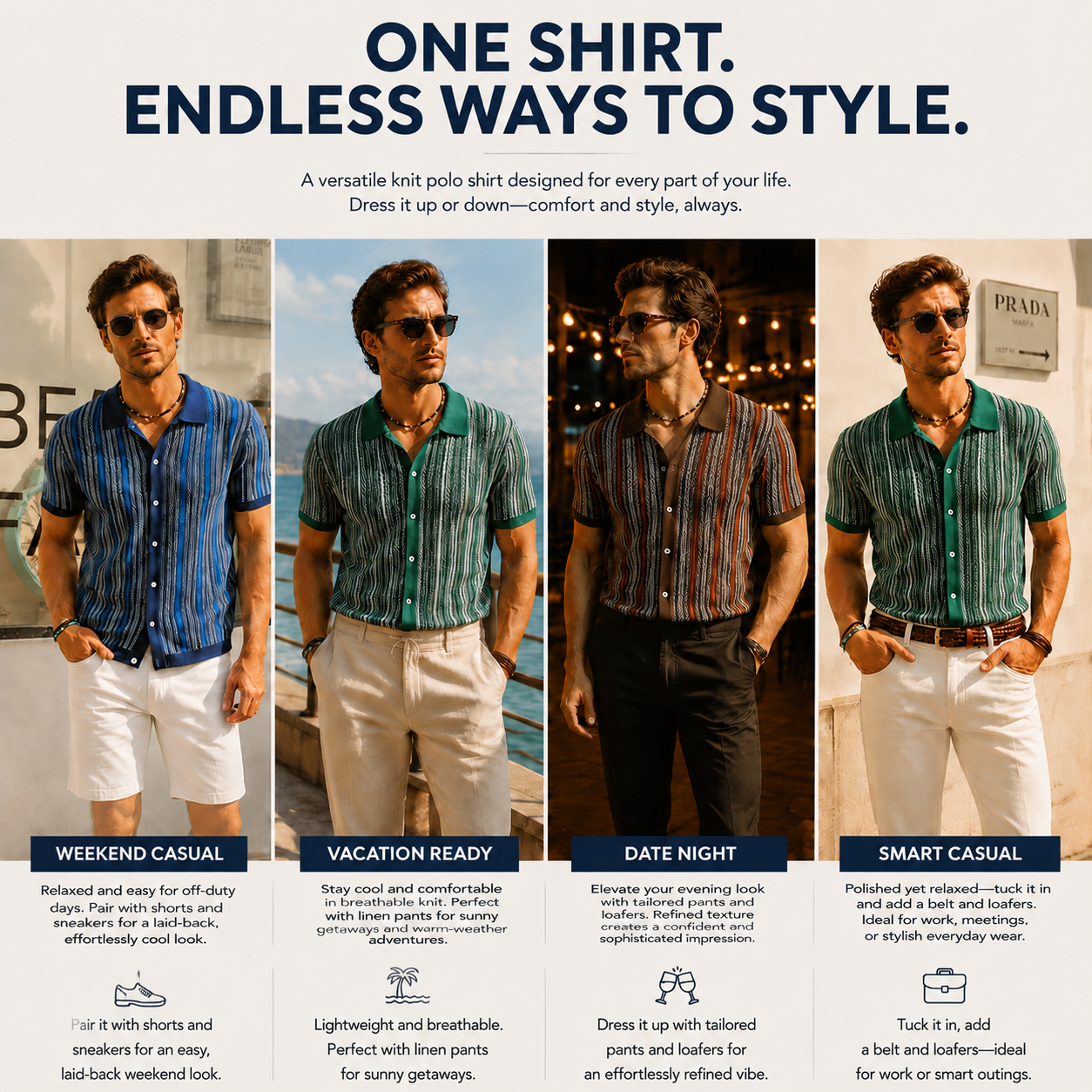 Men’s Vintage Striped Knit Polo Shirt – Retro Button-Front Short Sleeve Top