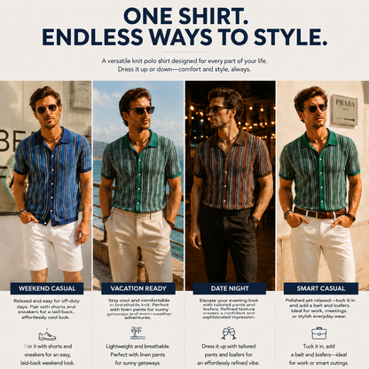 Men’s Vintage Striped Knit Polo Shirt – Retro Button-Front Short Sleeve Top