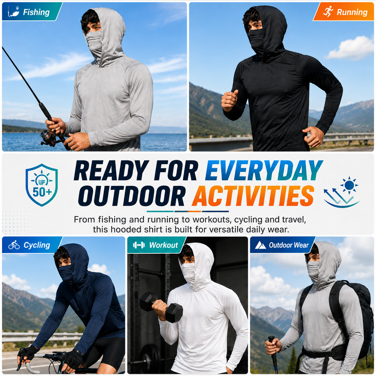 Men’s Lightweight Hooded Sun Shirt with Face & Neck Coverage