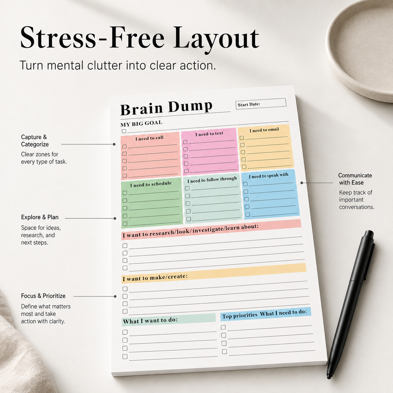 ADHD Brain Dump Planner Notepad - 50 Tear-Off Sheets (8.5x6.5in)