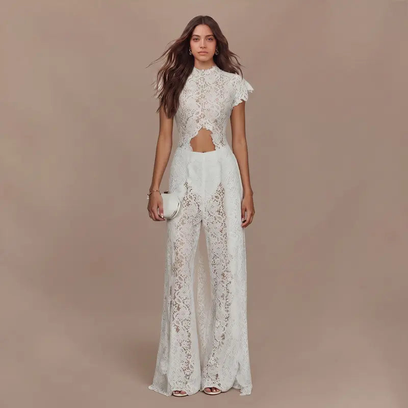 Lace Cutout Round-Neck Split Dress Set