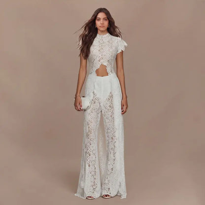 Lace Cutout Round-Neck Split Dress Set