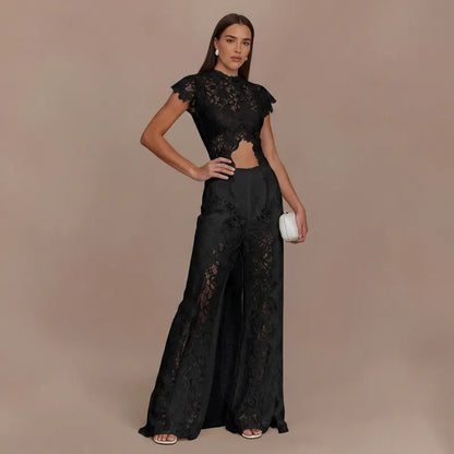 Lace Cutout Round-Neck Split Dress Set