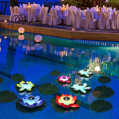 Waterproof LED Solar Lotus Floating Lights with Lily Pads