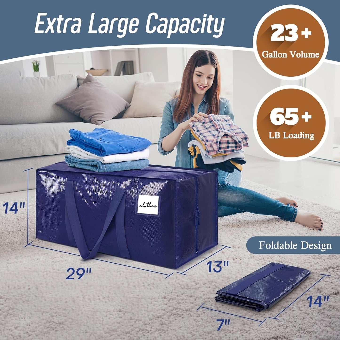 Heavy-Duty Extra Large Collapsible Zippered Blue Storage Bags
