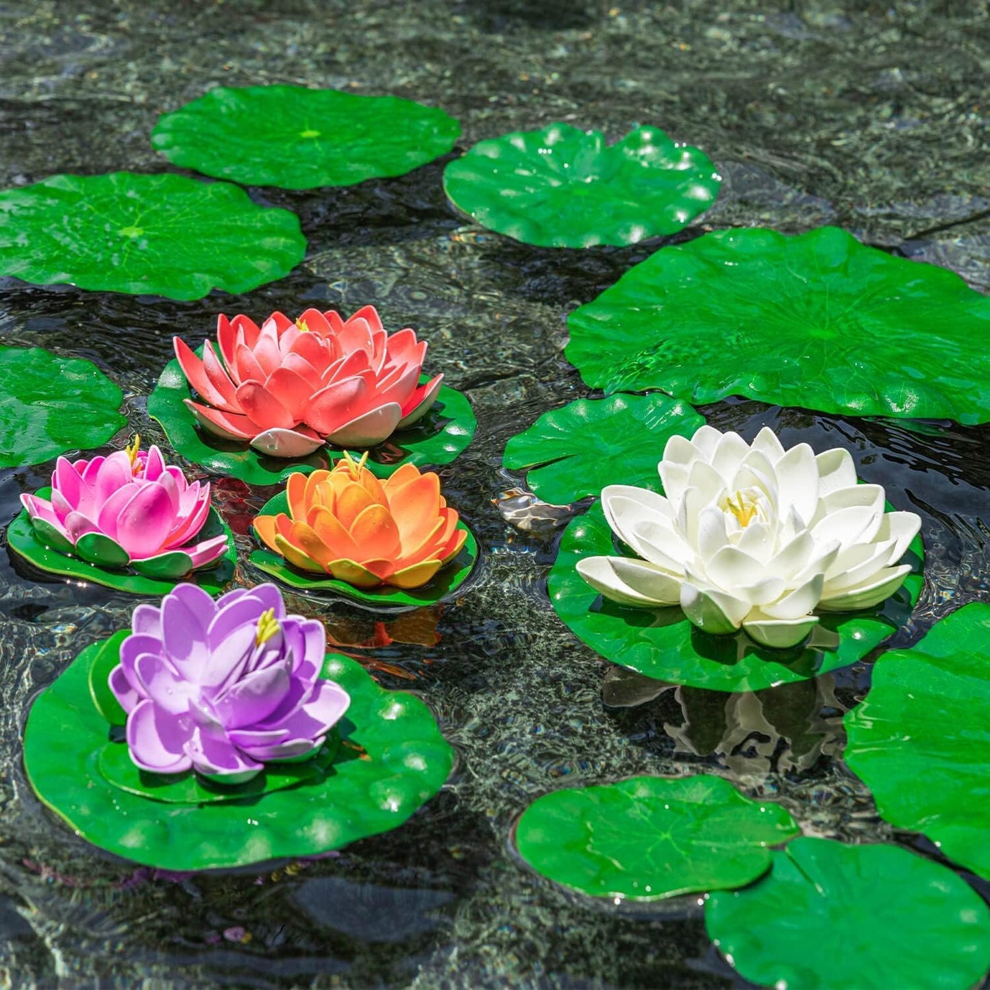 Waterproof LED Solar Lotus Floating Lights with Lily Pads