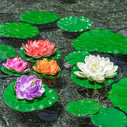 Waterproof LED Solar Lotus Floating Lights with Lily Pads