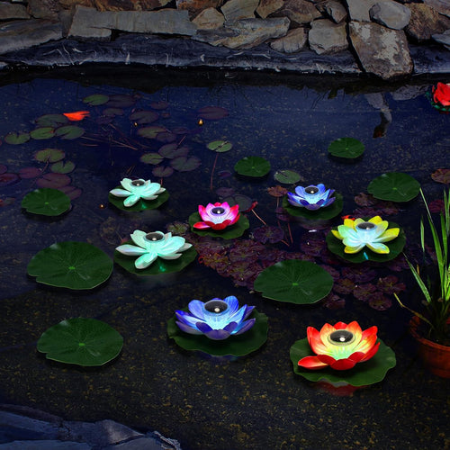Waterproof LED Solar Lotus Floating Lights with Lily Pads