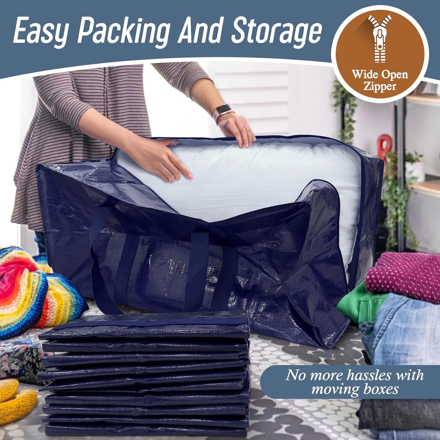 Heavy-Duty Extra Large Collapsible Zippered Blue Storage Bags