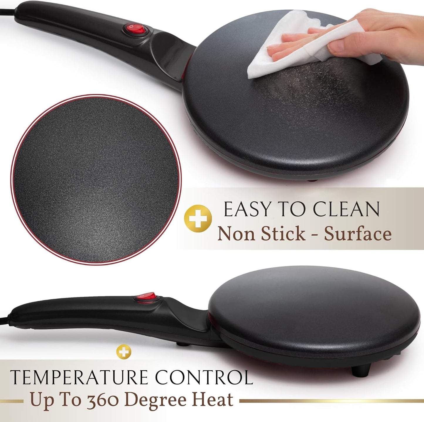 8" Portable Nonstick Crepe Pan-Auto shut-off, even heating, dual temperature control