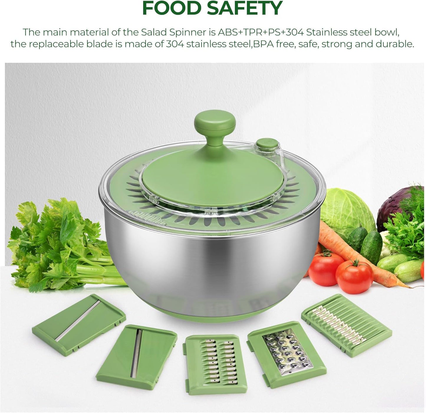 Stainless Steel Salad Spinner Large with 5 Blade Slicer Egg Yolk Strainer Shredder