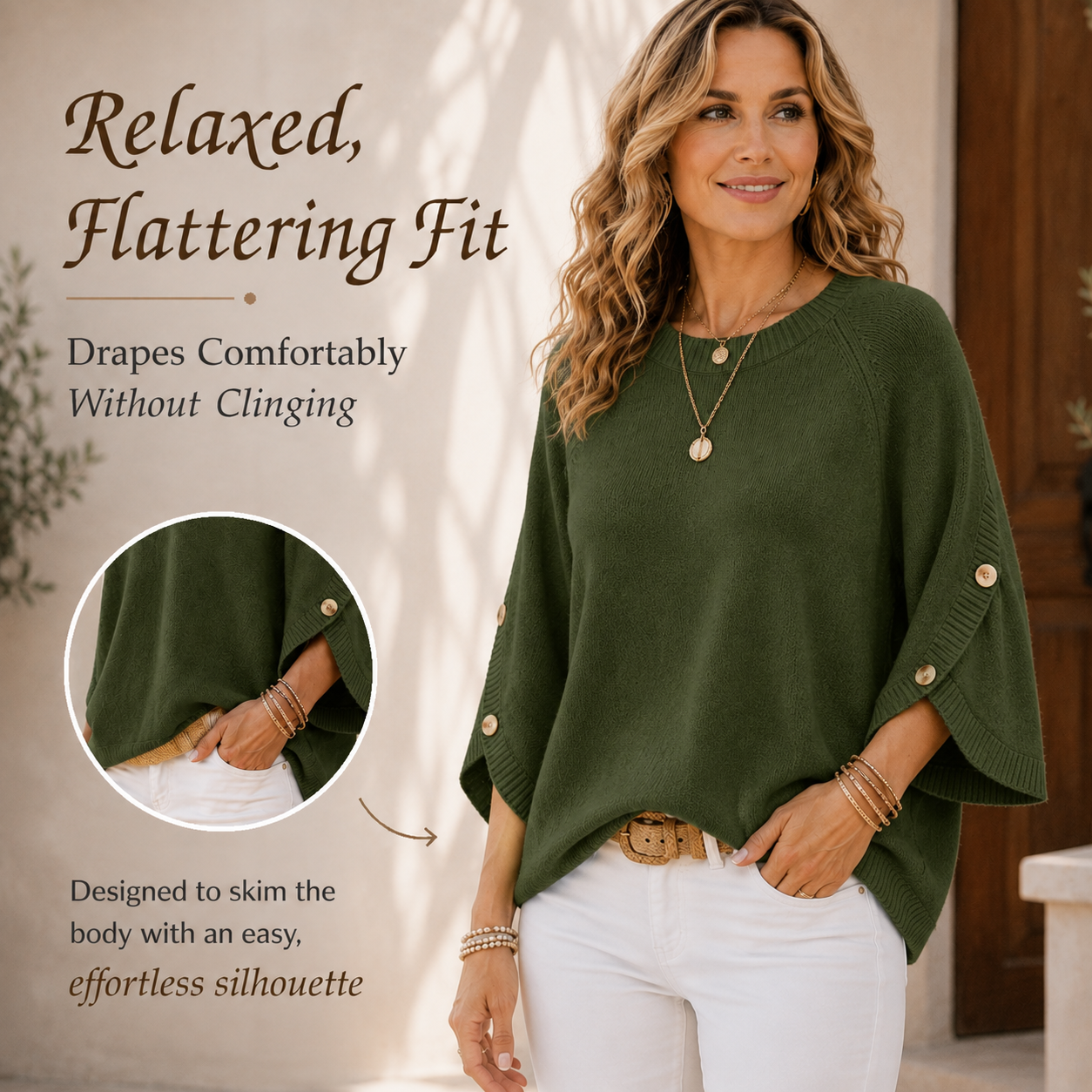 Women's loose-fitting crew neck sweater with three-quarter sleeves and buttoned cuffs