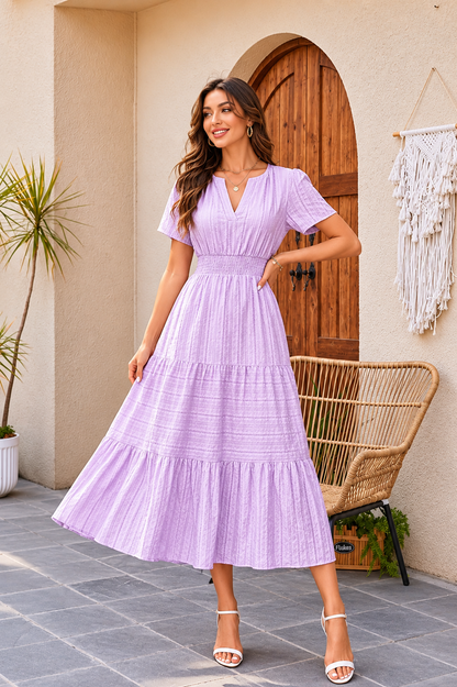 Women's Summer 2026 Casual Maxi Dress Lightweight Short Sleeve V Neck Boho Dress with Pockets
