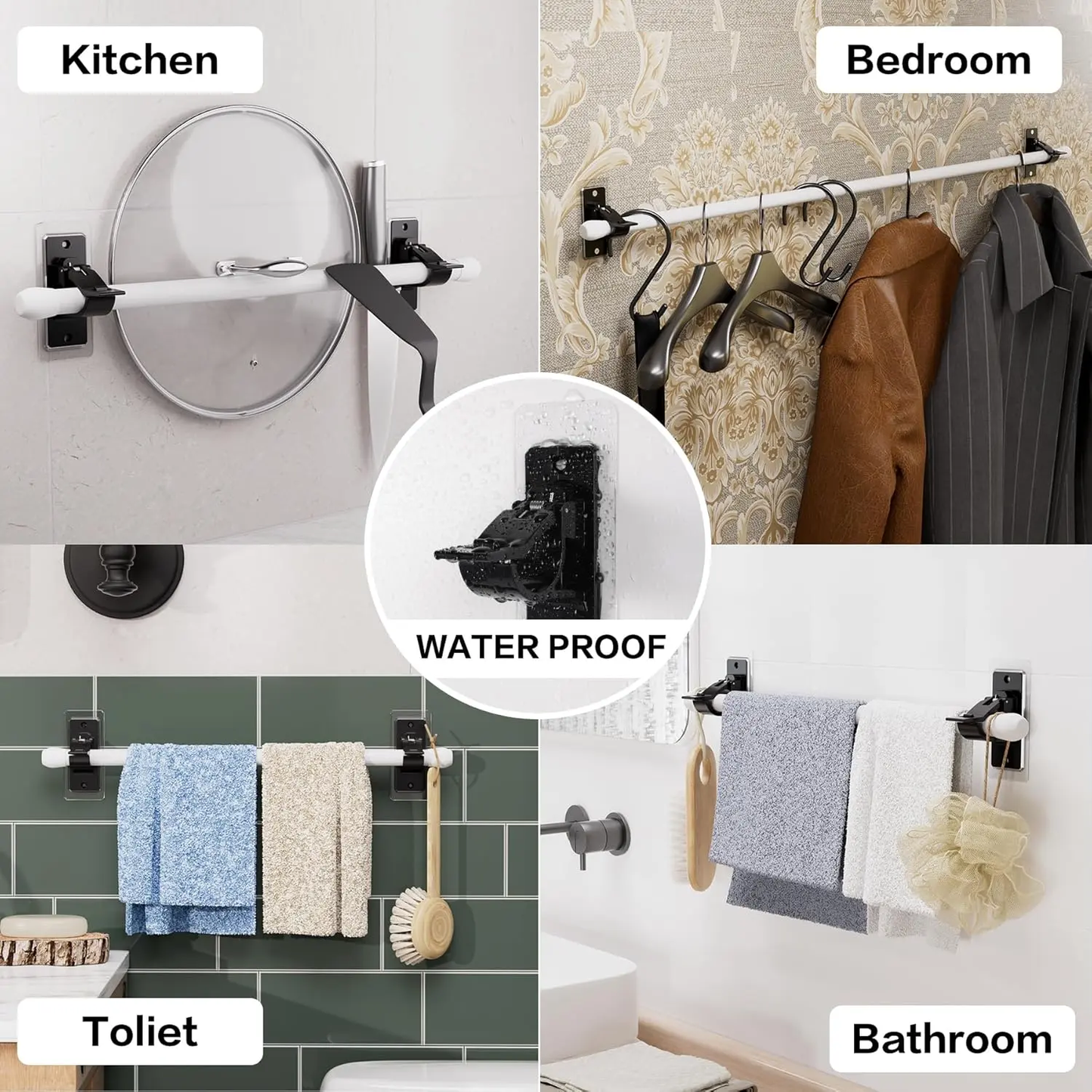 No-Drill Self-Adhesive Rod Holders for Curtains, Towel Bars, Closet Rods & More